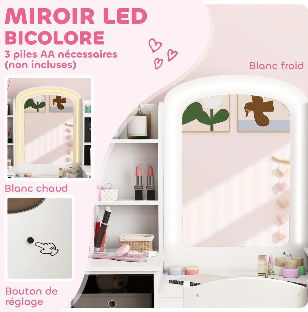 Toucador para crianças com banco e espelho LED 104 x 40 x 112 cm, mesa de maquilhagem para crianças dos 3 aos 8 anos, branca
