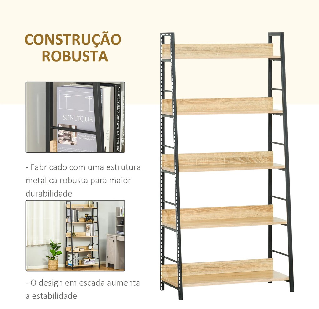 Estante de Estilo Industrial com 5 Níveis Estante de Sala de Estar para Livros com Estrutura de Metal 70x35x149,5 cm Natural