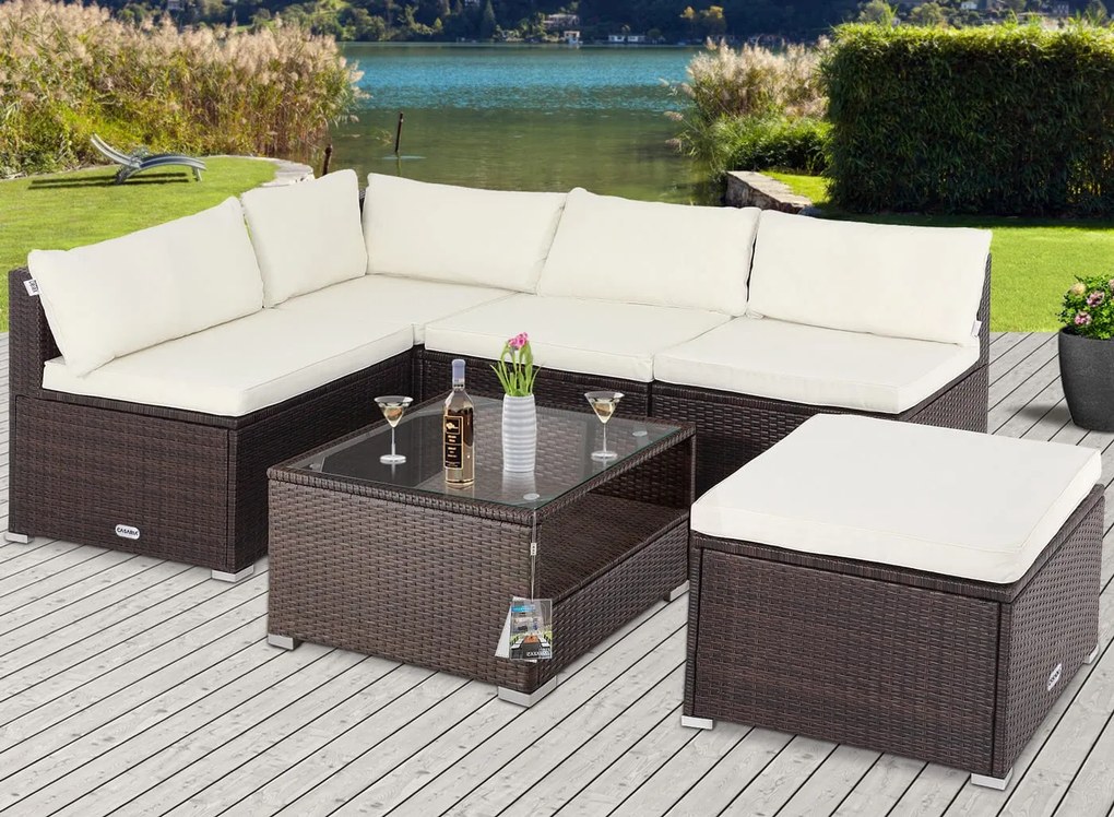 Conjunto Jardim de mesa e cadeiras de jardim em poliratán castanho/creme