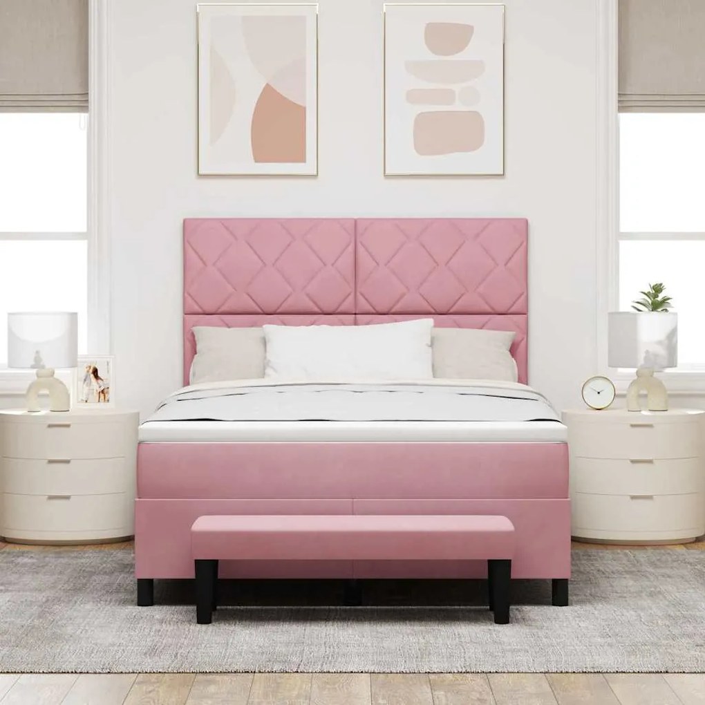 Cama Box Spring com Colchão e Banco Rosa 140x200 cm Veludo