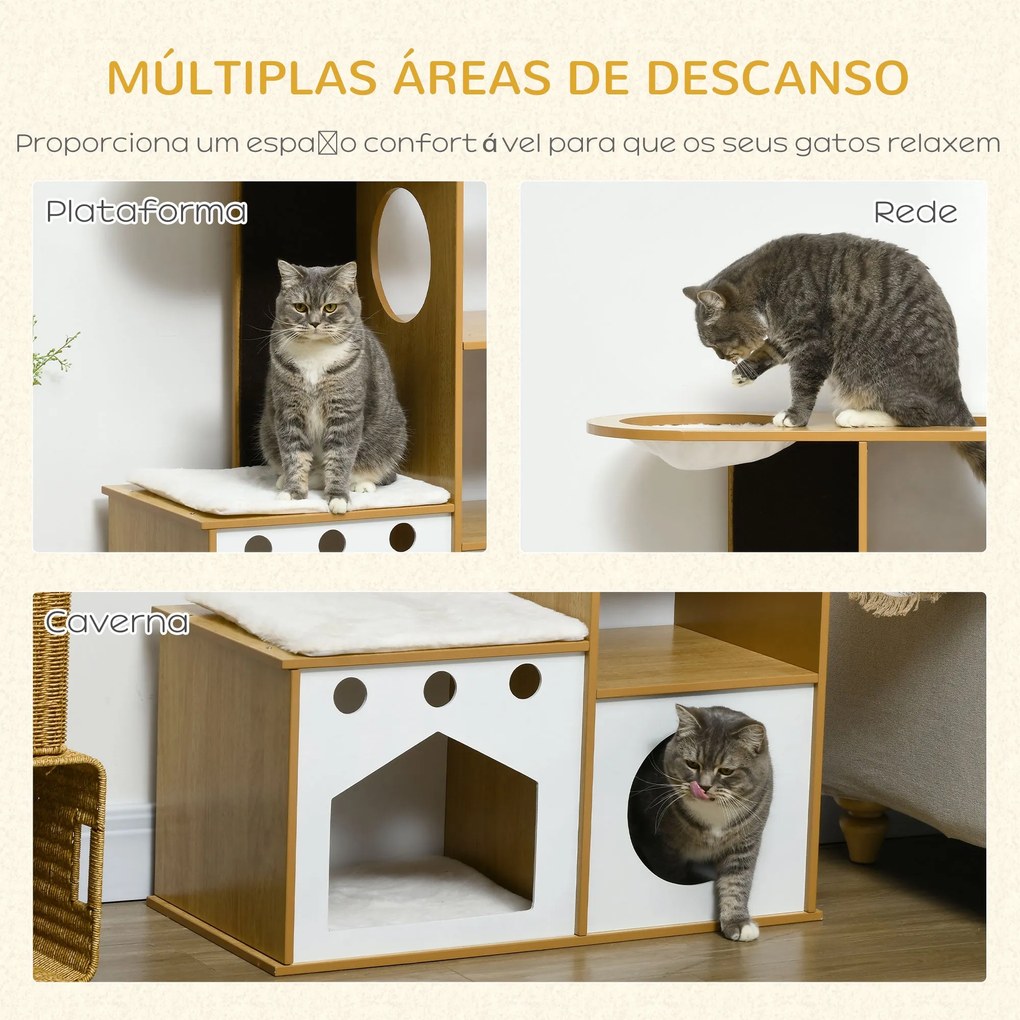 PawHut Casa para Gatos de Madeira 92,5cm Torre para Gatos com 2 Cavern