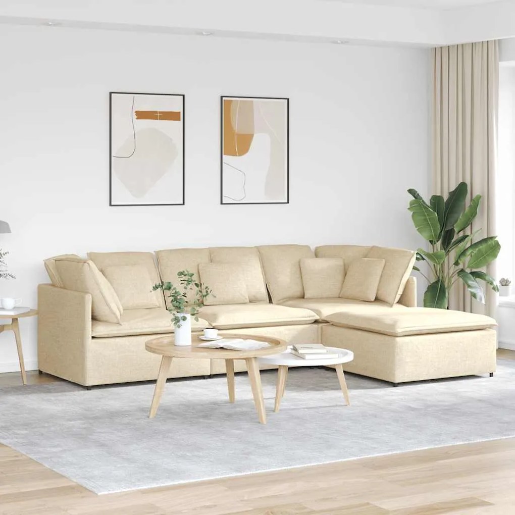 Sofá modular com pufes e almofadas tecido creme