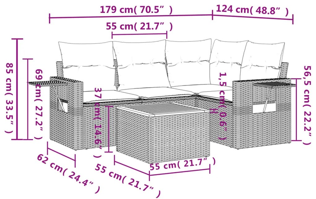 5 pcs conjunto de sofás p/ jardim com almofadões vime PE bege