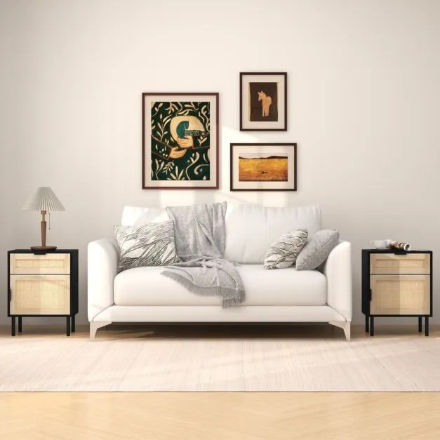 Conjunto de 2 mesas de cabeceira em rattan com gaveta e armário, pés metálicos, estilo moderno, 45 x 30 x 59 cm Pretas