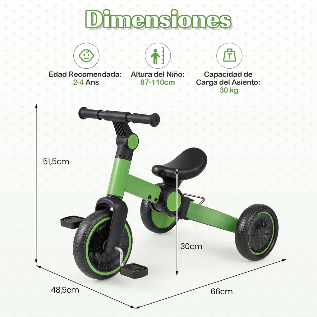 Bicicleta Infantil 5 em 1, 66 x 48,5 x 51,5 cm, Dobrável, Verde