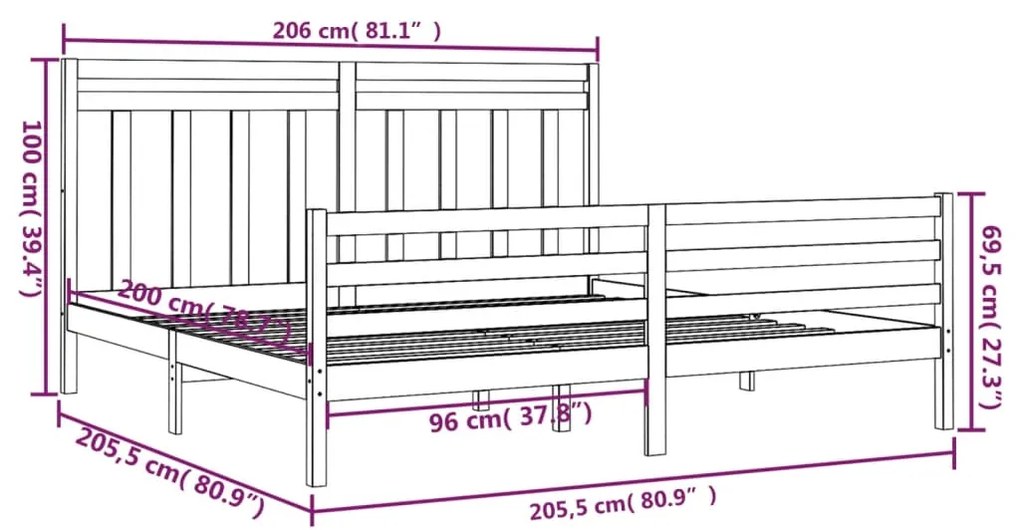 Estrutura de cama 200x200 cm madeira maciça preto