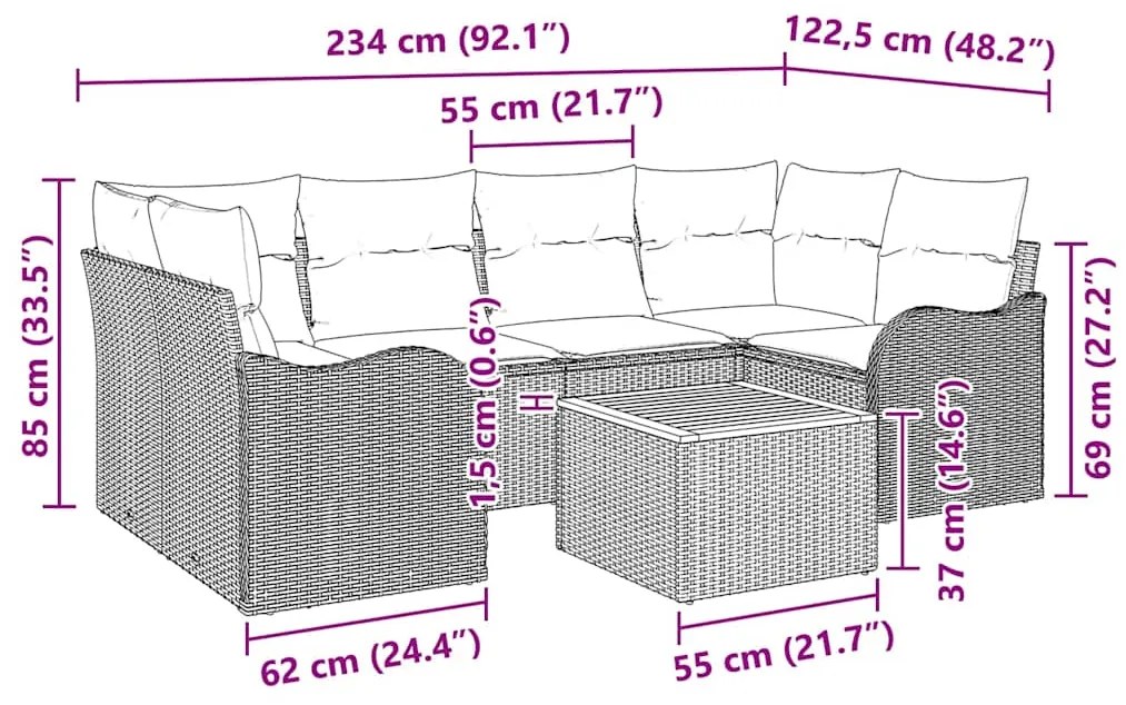Conjunto de Sofá de Jardim de 7 Peças com Almofadas Pretas em Rattan P
