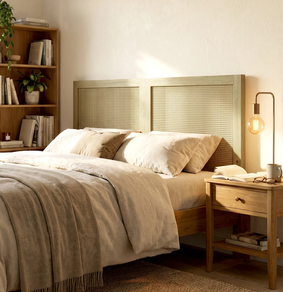 Cabeceira de Madeira com Efeito Rattan, Design Boho, para Quarto, 140 x 4 x 87 cm, Cor Carvalho