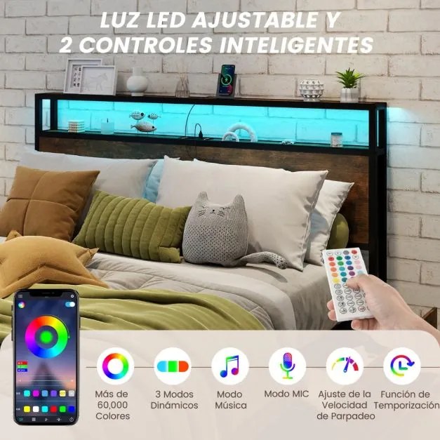 Estrutura de cama de casal 200 x 160 Cabeceira com luz LED RGB 4 gavetas de arrumação Ligação USB Castanho rústico + preto