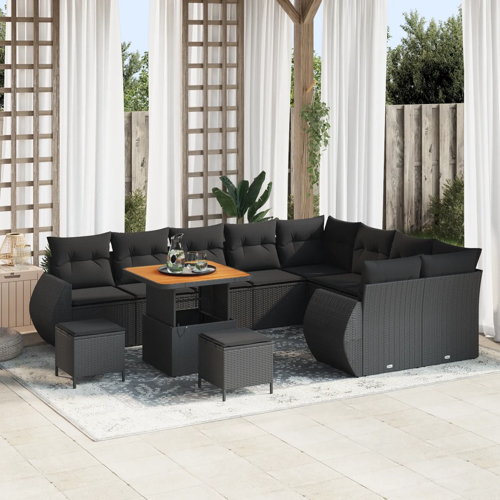 Conjunto de Sofa de Jardim vidaXL 12 Peças com Almofadas Preto Vime Po