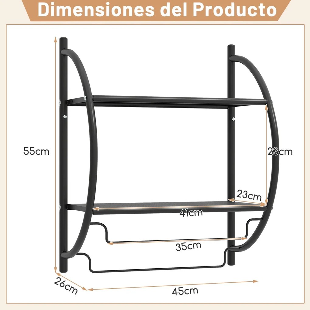 Toalheiro de parede 45 x 26 x 55 cm (C x L x A) com barra e 2 prateleiras para Casa de Banho Preto