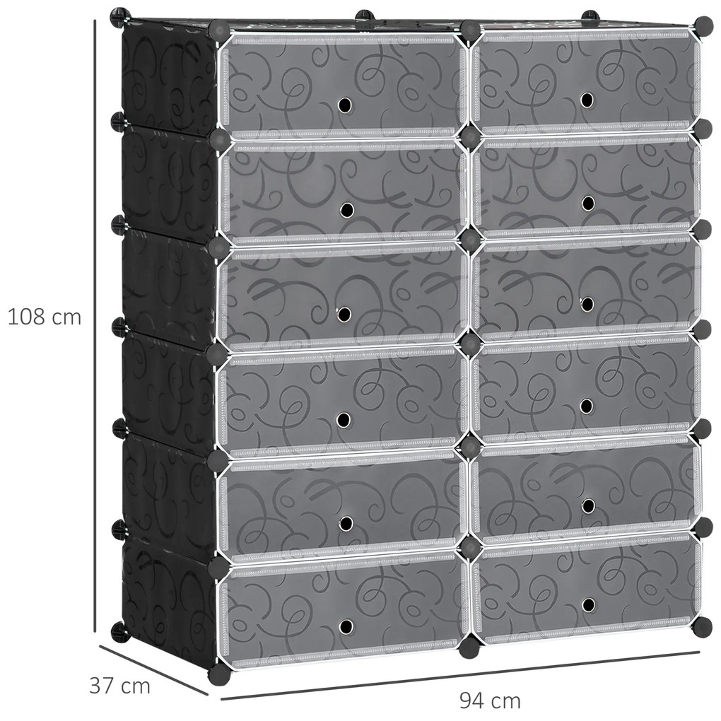 Sapateira Modular de Cubos de Plástico Armário Modular para Sapatos com 12 Cubos com Porta Desenho de DIY 94x37x108 cm Preto