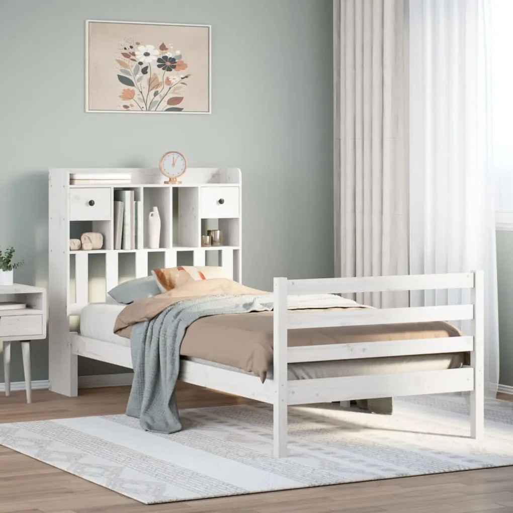 Cama com estante sem colchão 100x200 cm pinho maciço branco