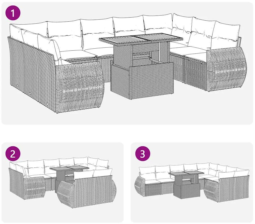 10 pcs conjunto de sofás p/ jardim com almofadões vime PE bege