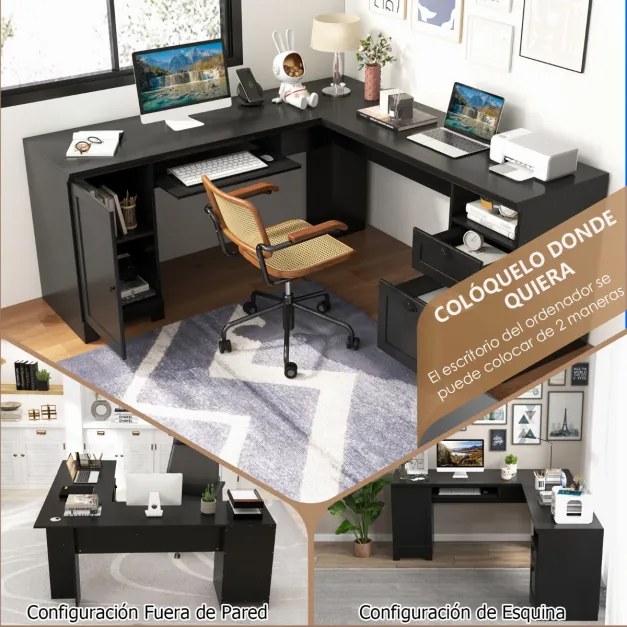 Secretaria computador de canto em L com gavetas e bandeja para teclado para escritorio 168 x 168 x 76 cm Preto