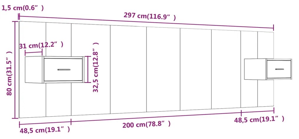 Cabeceira cama + armários madeira processada sonoma cinzento