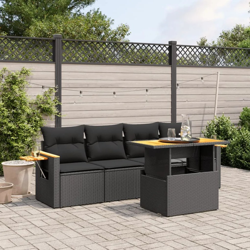 vidaXL 5 pcs conjunto sofás de jardim com almofadões vime PE preto