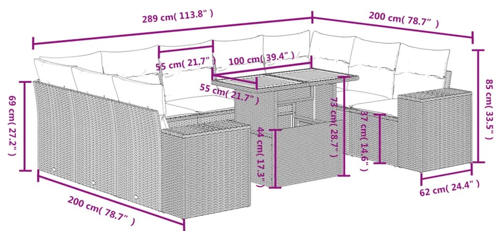 10 pcs conjunto de sofás p/ jardim com almofadões vime PE bege
