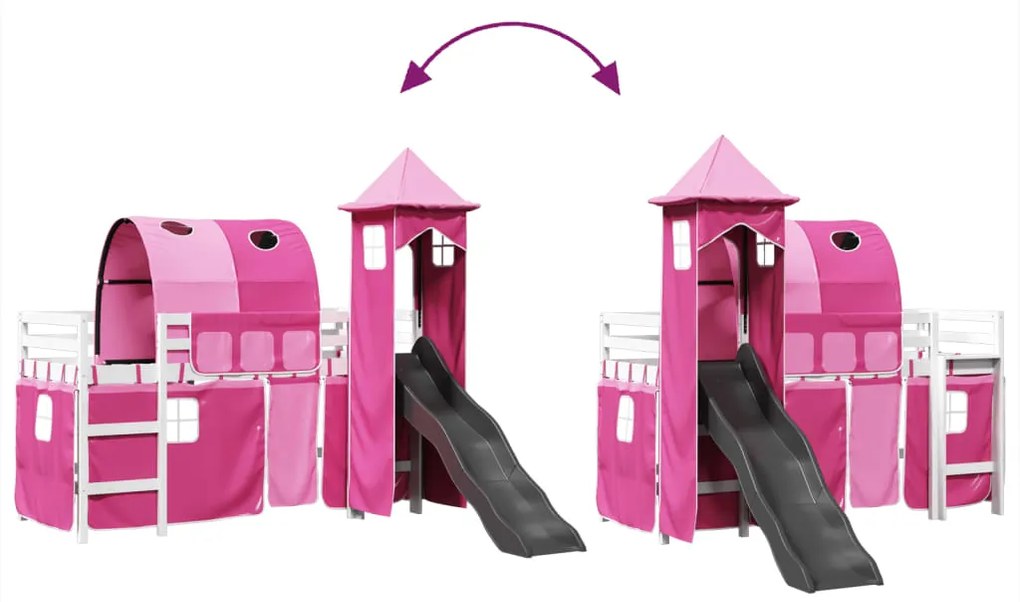 Cama alta para criança com torre 80x200 cm pinho maciço rosa