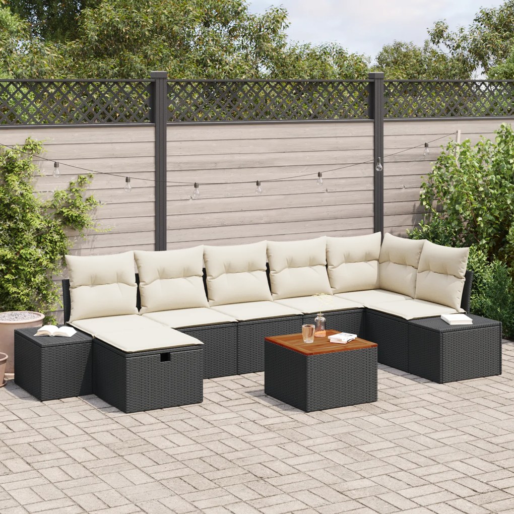 Conjunto de Sofá de 8 Peças com Almofadas Black Rattan Poliéster