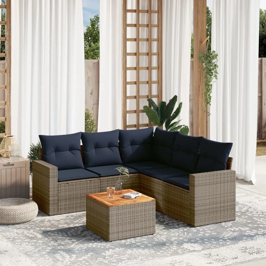 6 pcs conjunto sofás p/ jardim c/ almofadões vime PE cinzento