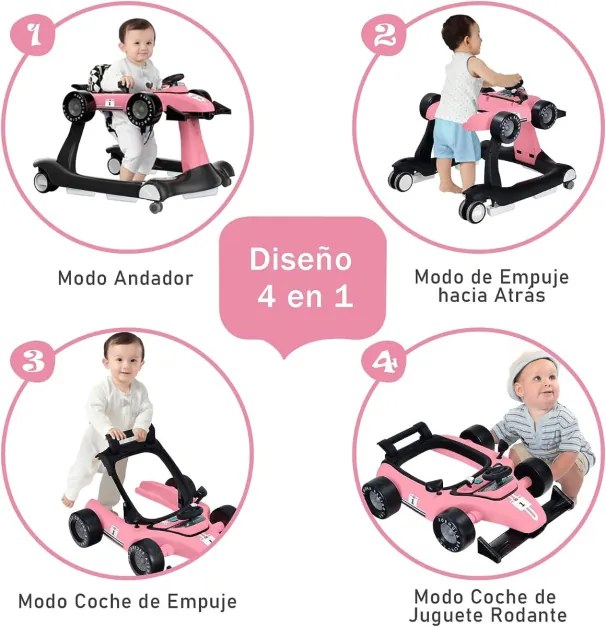 Andarilho 4 em 1 para crianças dobrável para actividades de empurrar com altura e velocidade ajustáveis Carrilhão com luzes Volante Rosa