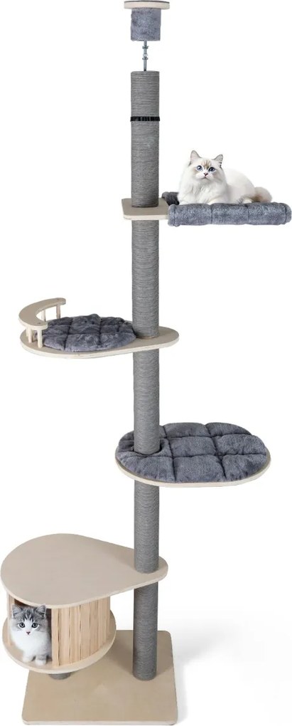 Árvore para gatos de 5 níveis Torre de madeira ajustável de 236-271 cm de altura com gancho casa Postes para arranhar Plataformas cinzentas