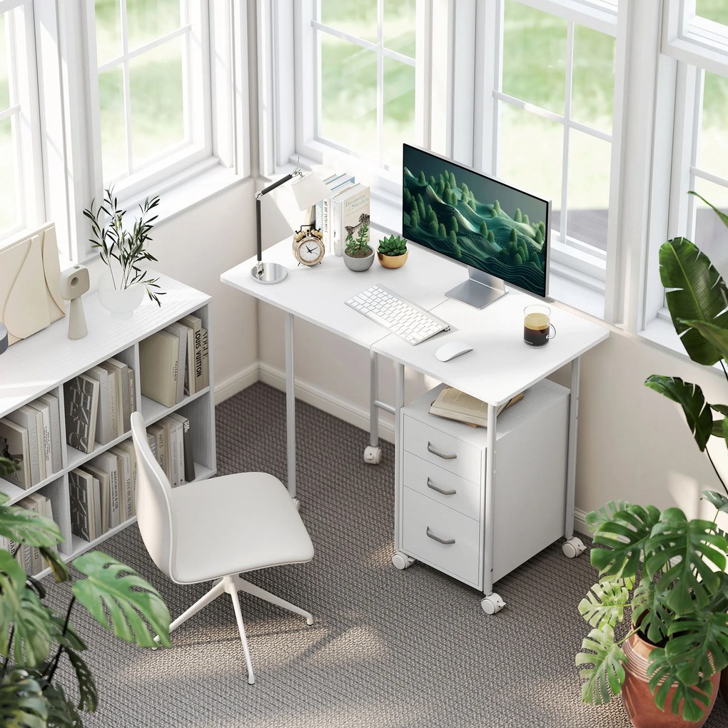 Secretária de computador dobrável com rodas 105 x 51 x 75,5 cm, secretária com espaço de arrumação, 3 gavetas, tampo extensível, branca