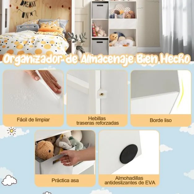 Estante infantil de 5 cubículos com 2 recipientes de tecido Estante de arrumação com compartimentos abertos para quarto de bebé Branco