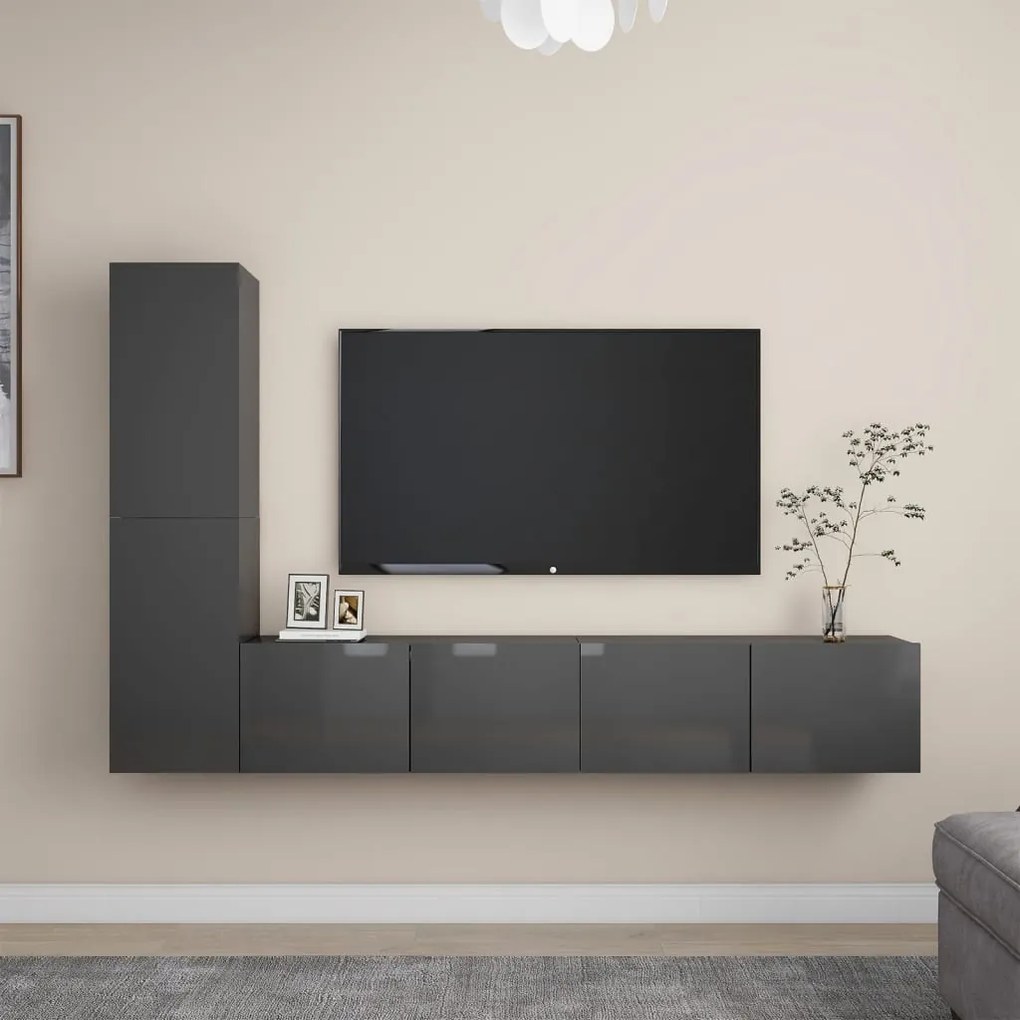 vidaXL 4 pcs conjunto de móveis de TV contraplacado cinzento brilhante