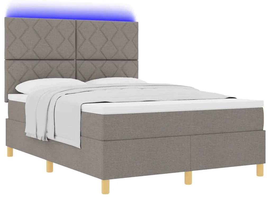 Cama Box Spring com Colchão &amp; LED Taupe 140x190 cm Tecido