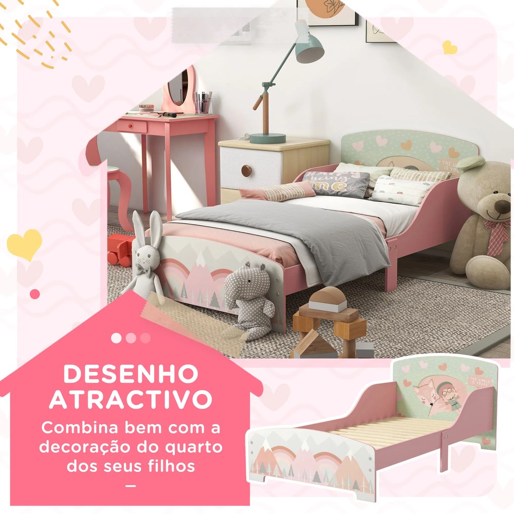 Cama para Crianças de Madeira com Barreira de Proteção e Estampados Carga Máx. 40 kg 77x143x60 cm Rosa