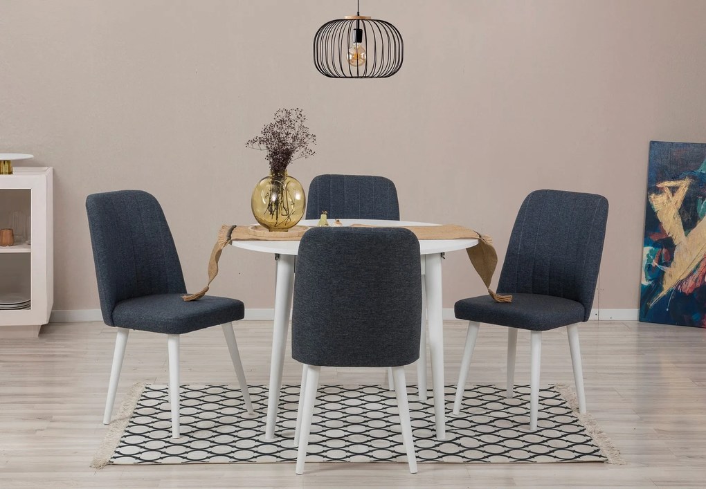Conjunto de Mesa de Jantar Extensível e Cadeiras Vina – Branco e Azul