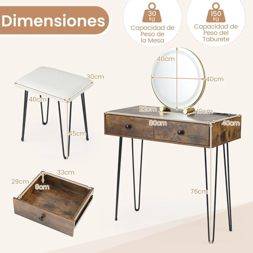 Toucador com espelho 80 x 40 x 76 cm e luzes e Estação de carregamento incorporada 2 gavetas com Banco castanho rústica