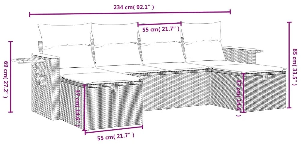 6 pcs conjunto de sofás p/ jardim com almofadões vime PE bege
