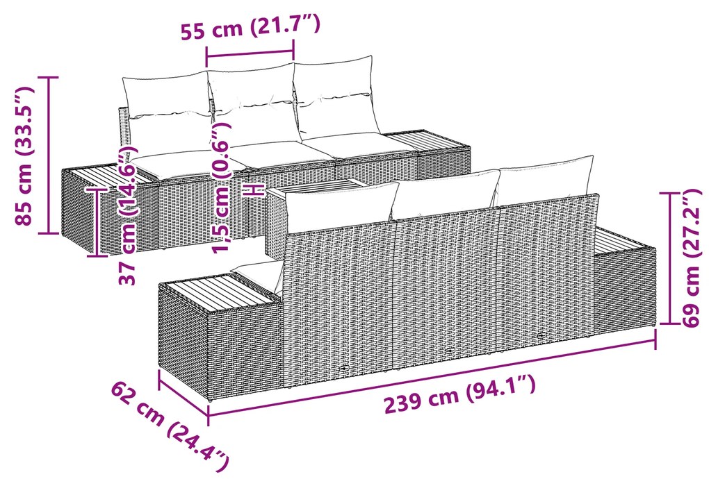 Conjunto de Sofás de Jardim vidaXL com 7 Peças e Almofadas Preto Ratta