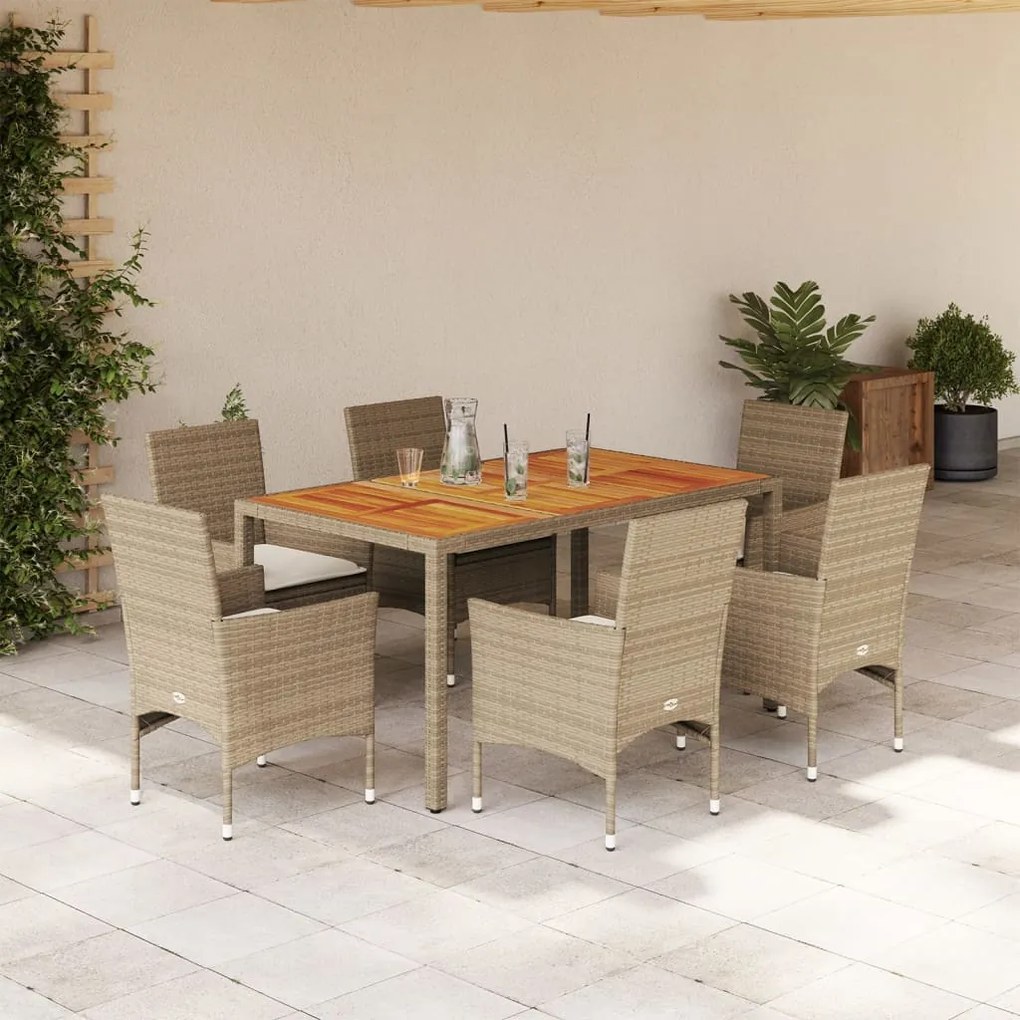 vidaXL 7 pcs conjunto jantar jardim c/ almofadões vime PE/acácia bege