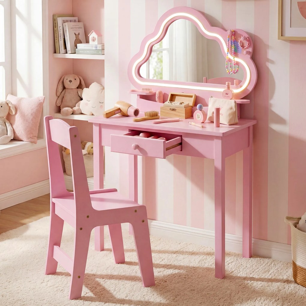 Conjunto de Toucador Infantil e Cadeira, 59 x 35 x 103,5 cm, Espelho em Forma de Nuvem com LED, Rosa
