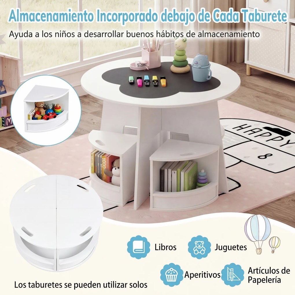 Conjunto de Mesa Redonda e 4 Bancos Infantis, 70 x 70 x 49 cm, Design Empilhável, Branco