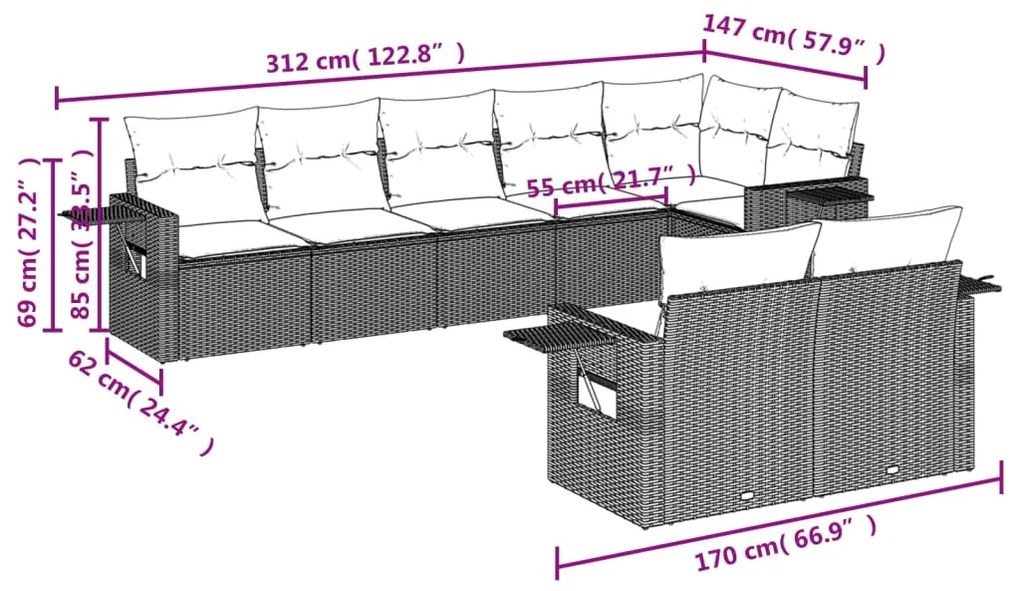 8 pcs conjunto de sofás p/ jardim com almofadões vime PE bege