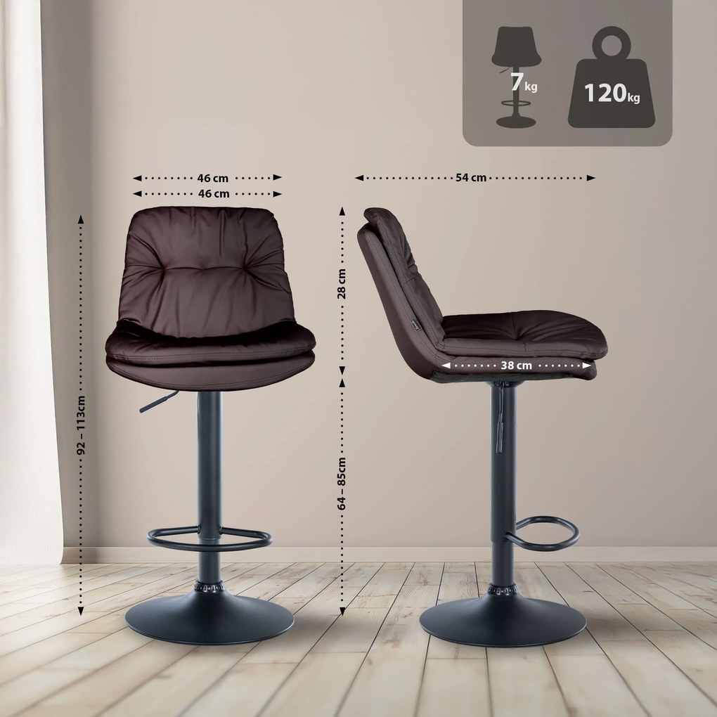 Banco de bar em couro sintético com estrutura preta 92-113 x 46 x 54 cm castanho