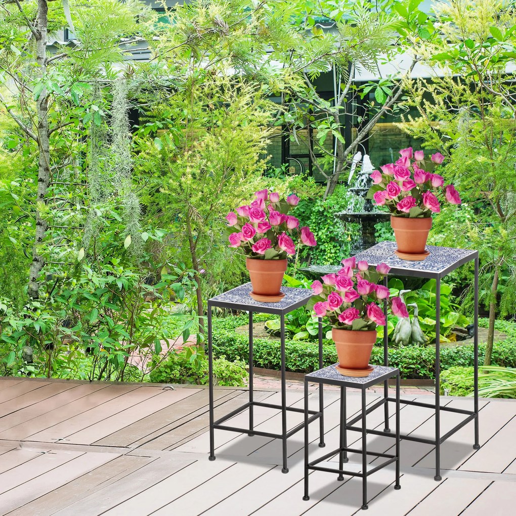 Suporte para Vasos de Metal 3 Peças Empilháveis Suporte para Plantas com Bancada de Azulejo Decorativa para Interiores e Exteriores 31,5x31,5x60,5 cm