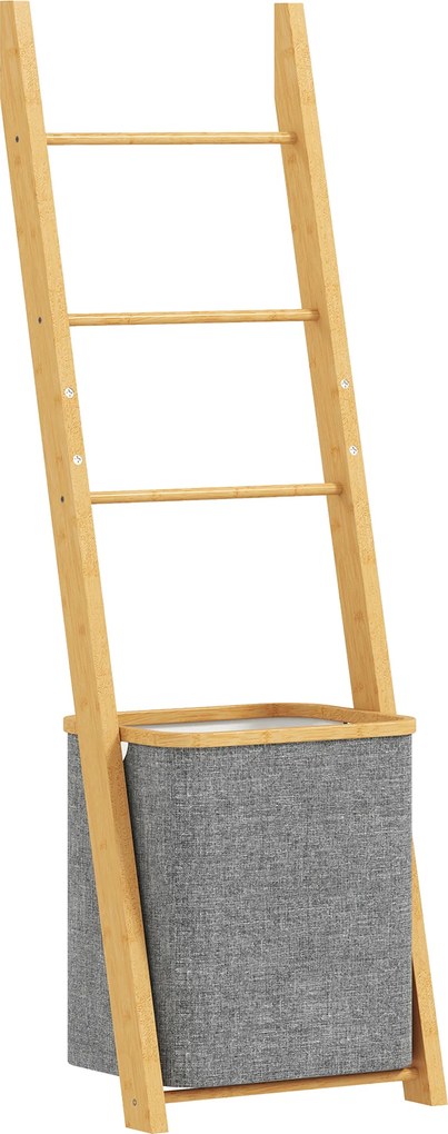 Estante para Casa de Banho de Bambu com 3 Barras e Cesto para Roupa Suja Removível de 48 L 43x35x133 cm Cinzento