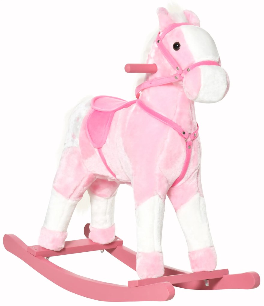 HOMCOM Cavalo Baloiço de Pelúcia para Crianças entre 3-6 Anos com Sons de Relincho 74x28x65 cm Rosa