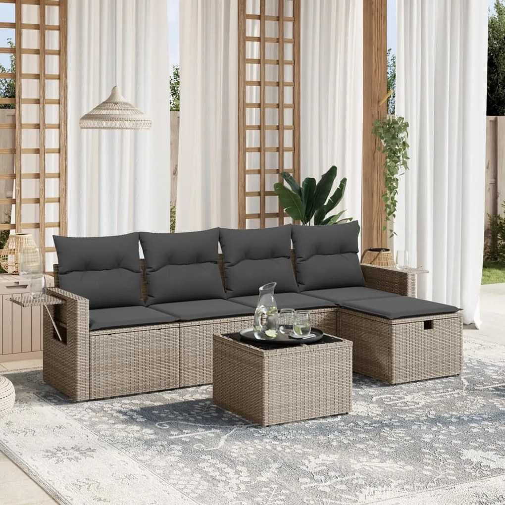 6 pcs conjunto sofás de jardim com almofadões vime cinzento