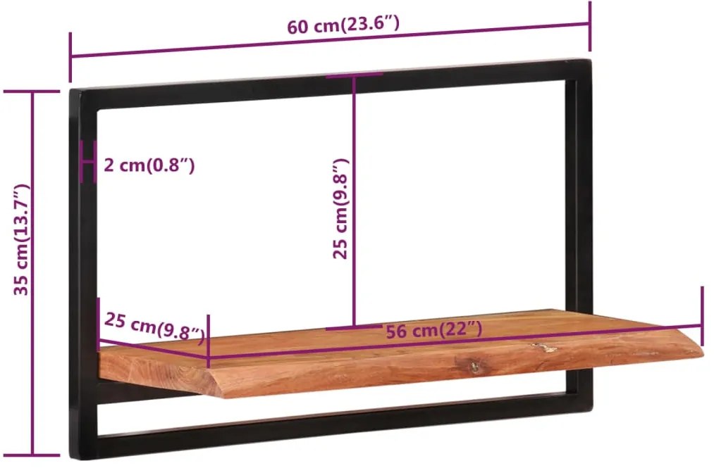 Prateleiras de parede 2 pcs 60x25x35 cm acácia maciça e aço