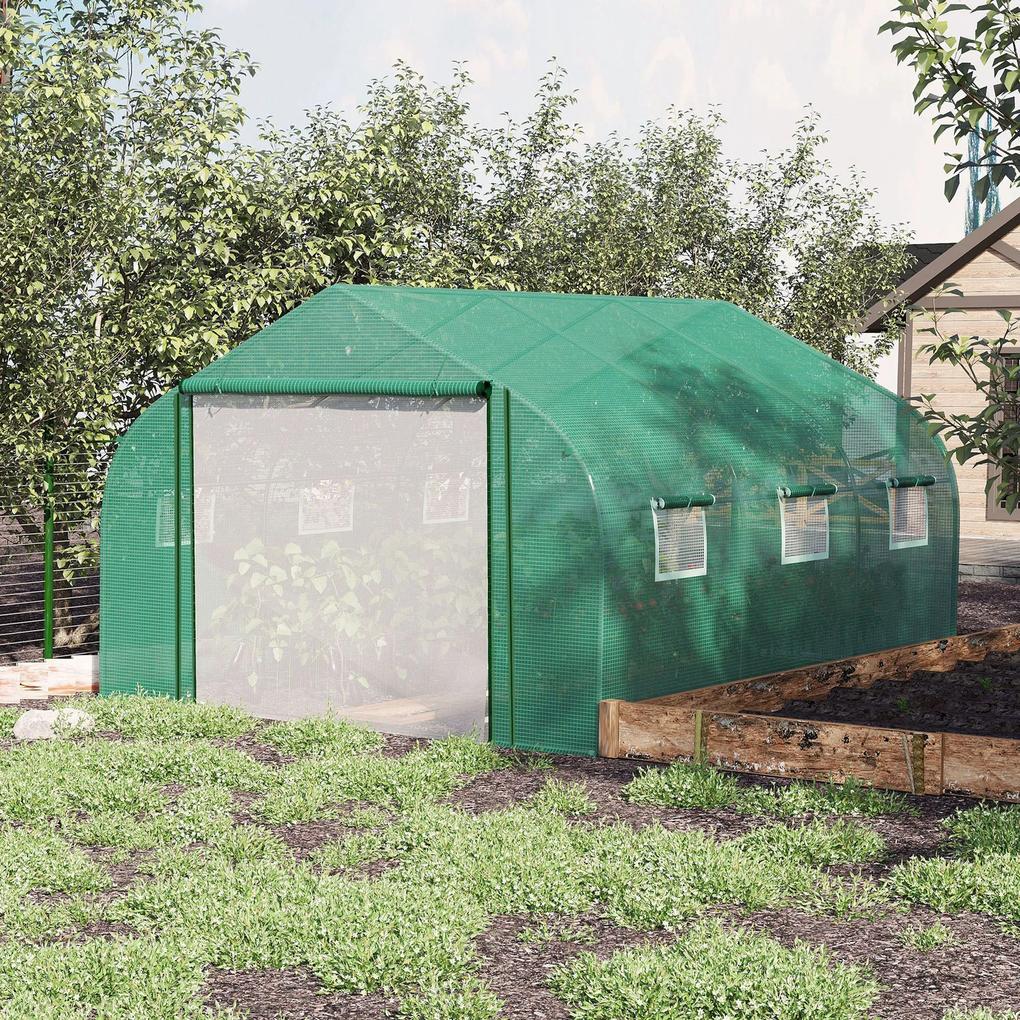 Estufa de Túnel 3,5x3x2m Estufa de Jardim com Porta e 6 Janelas Enroláveis de Polietileno Metal Galvanizado para Cultivos de Plantas Flores Verde