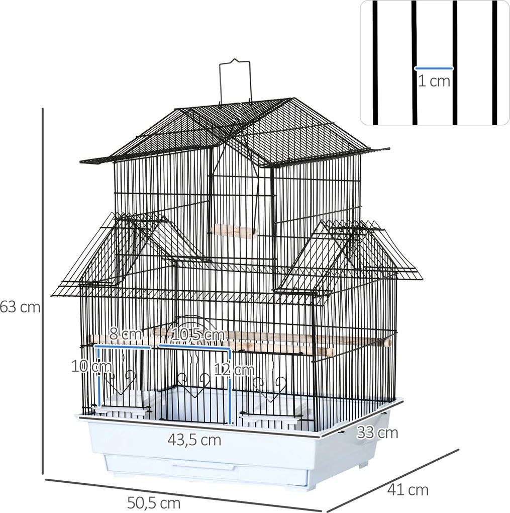Gaiola para Pássaros de Aço com Bandeja Removível e 2 Comedouros, Periquitos e Pintassilgos 50,5x41x63 cm Branco