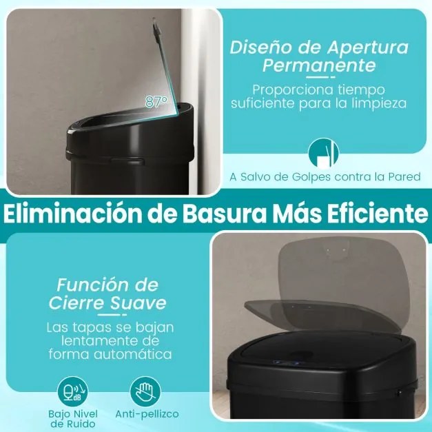 Caixote do lixo de 58 L com sensor de movimento por infravermelhos e design de zona dupla Tampa com abertura permanente e fecho preto