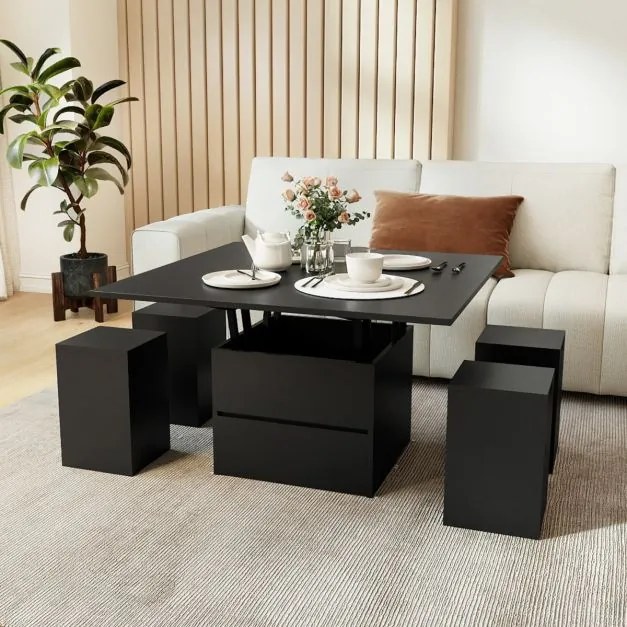 Mesa de centro elevável conversível em mesa de jantar para 4 pessoas com 4 bancos 3 em 1 extensível com e gaveta Preta